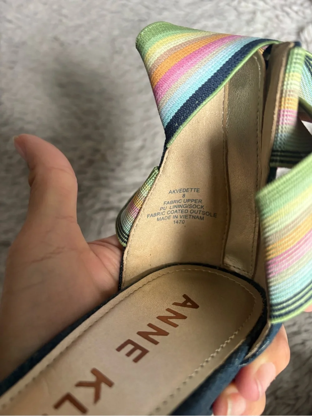 Anne Klein Denim Wedge bright rainbow strap Iflex Akvedette sandal Size 8